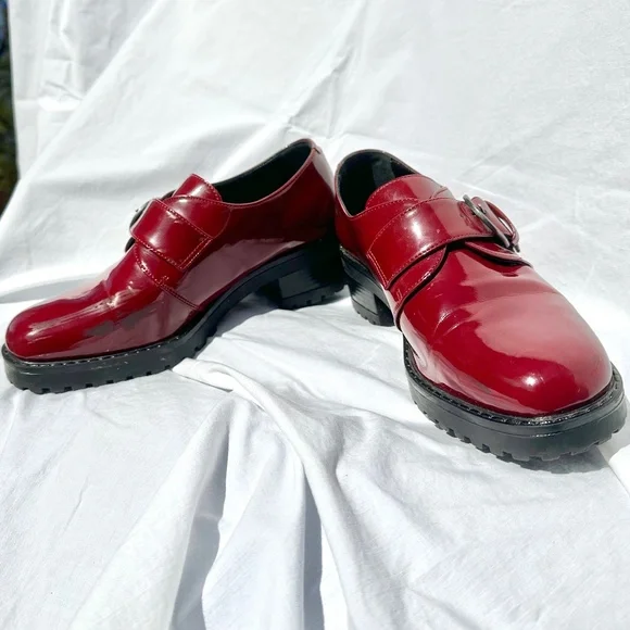 Burgundy Patent Faux Leather Chunky Rubber Sole Loafer w Metal Hardware - Picture 3 of 6